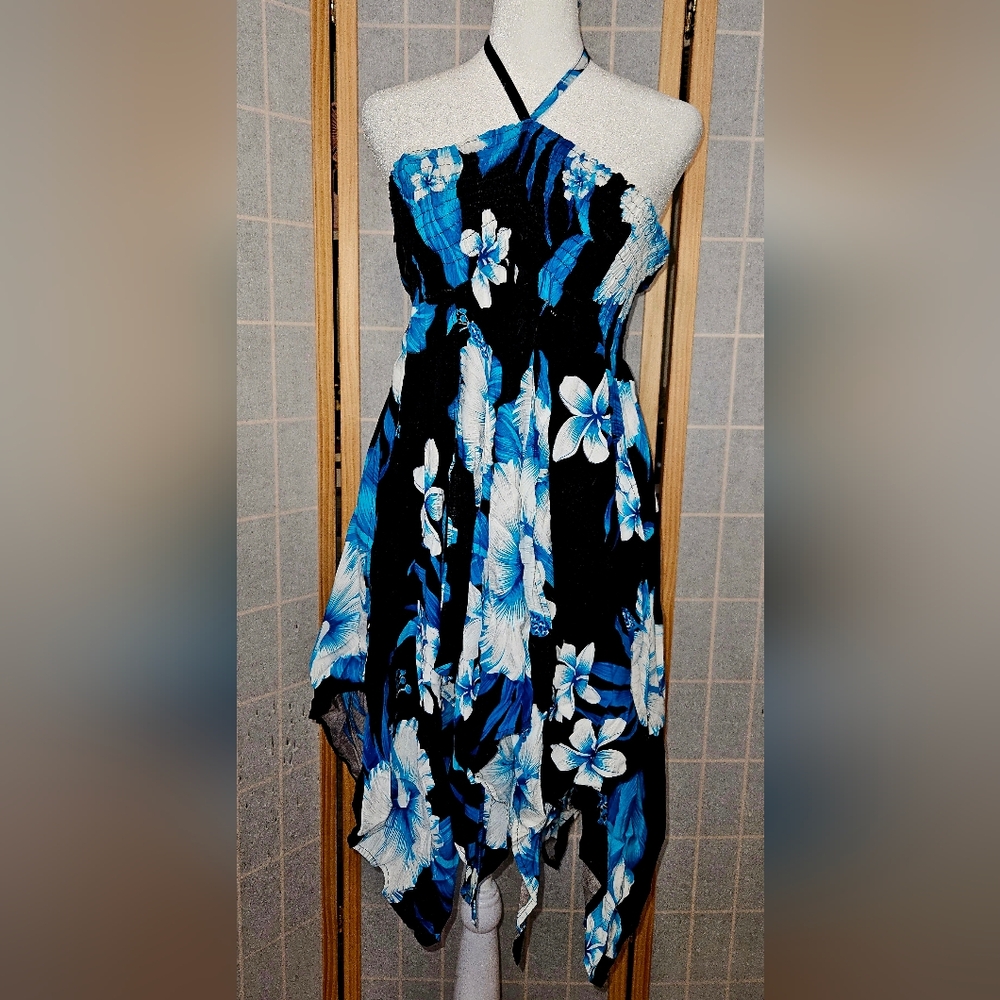Hula Hula Hawaiian Tropical Blue And White Floral Black Dress Size OS